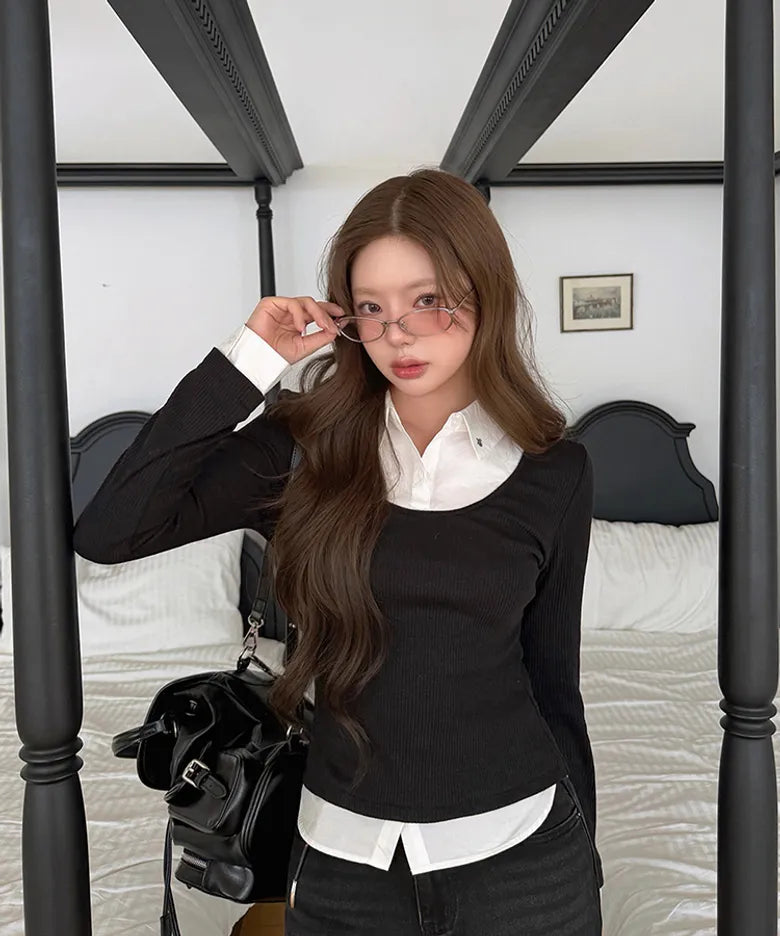 TWEE - Ellen Contrast Rib Long Sleeve T-Shirt (5 Colors)