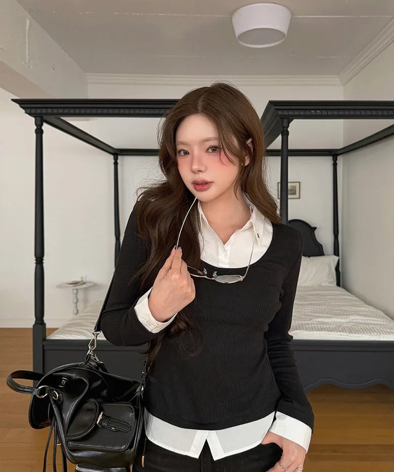 TWEE - Ellen Contrast Rib Long Sleeve T-Shirt (5 Colors)
